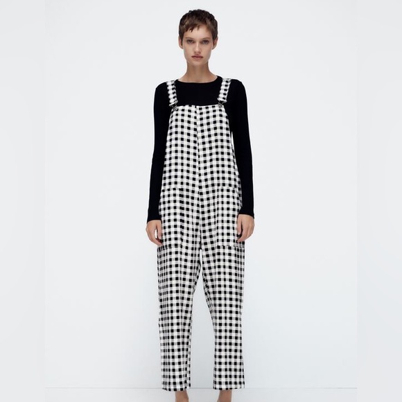 Zara Black & White Gingham Linen Overalls - Size S - Picture 2 of 3